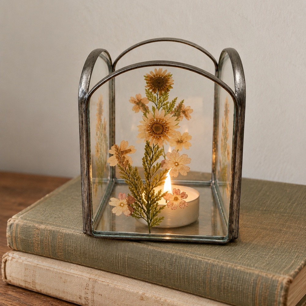 Vintage Pressed Flower Glass & Lead Votive Candle Holder 4" x 3.25"